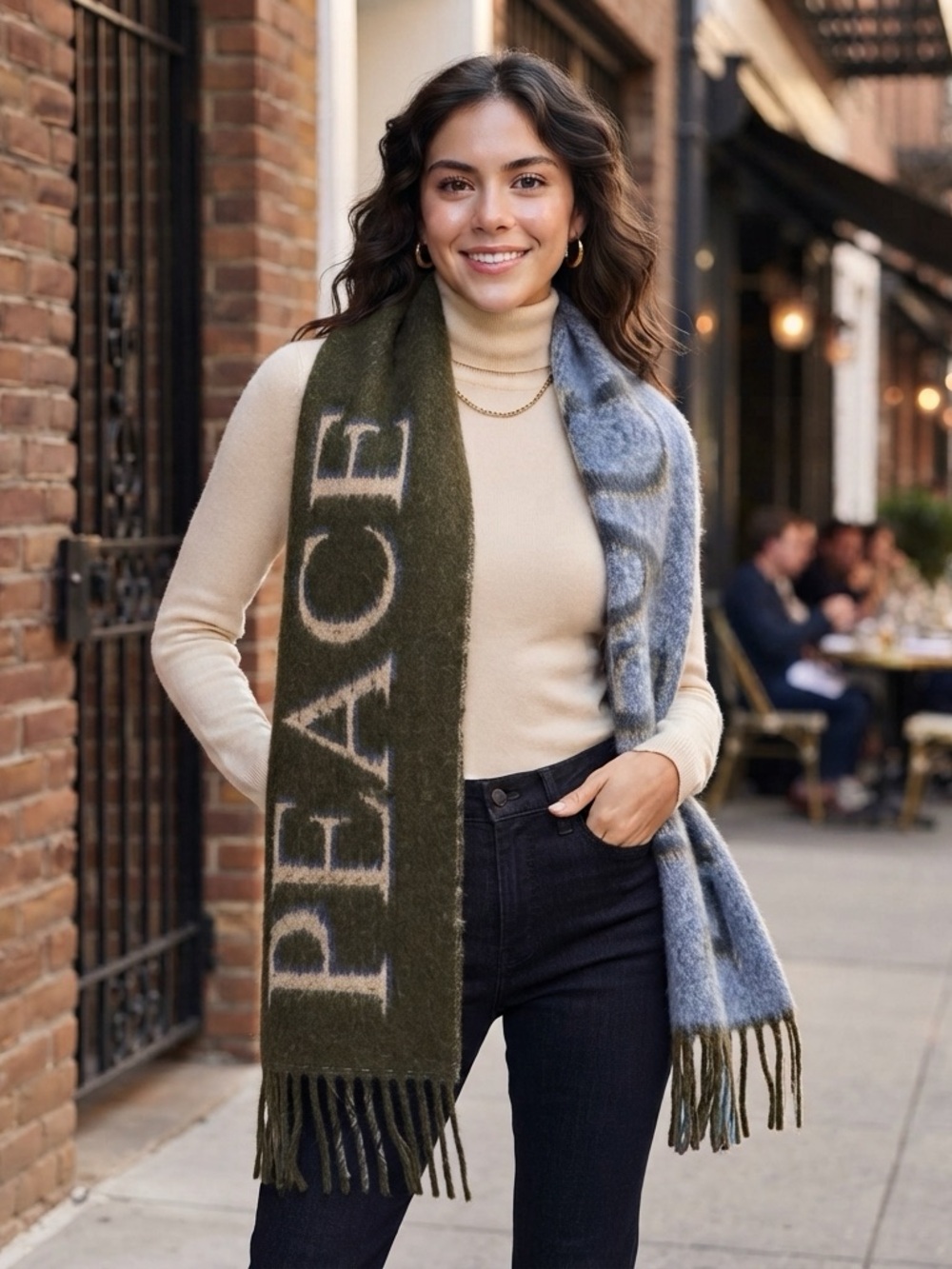 NWT Sprigs Cozy Two-Tone 'PEACE' Scarf - Olive Gorpcore Après-ski Dopamine Fall